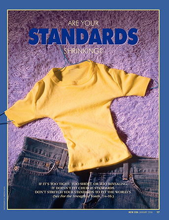 A conceptual photograph of an abnormally small shirt next to a normal pair of jeans, paired with the words “Are Your Standards Shrinking?”