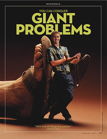 A conceptual photograph of a young man holding a sling and standing near a giantâ€™s feet, paired with the words â€œYou Can Conquer Giant Problems.â€