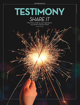 A conceptual photograph showing one sparkler firework being used to light another, paired with the words “Testimony: Share It.”