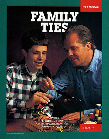 A poster of a father and son making fishing flies together, paired with the words â€œFamily Ties.â€