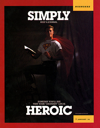 A conceptual photograph of a young man in a hero shirt and cape writing in his journal, with the word â€œSimplyâ€ emphasized at the top and the word â€œHeroicâ€ at the bottom.