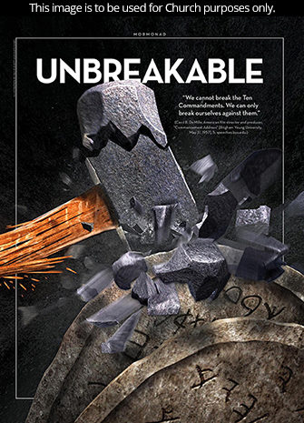 A conceptual photograph of a sledgehammer shattering while trying to break two stone tablets, paired with the word “Unbreakable.”