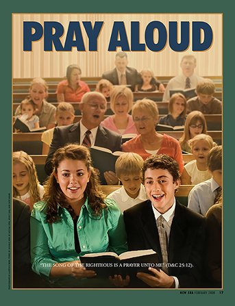 A poster showing a congregation singing a hymn, paired with the words â€œPray Aloud."