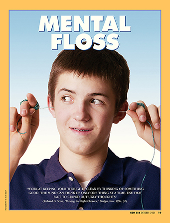 A conceptual photograph of a young man pulling floss through both ears, paired with the words “Mental Floss.”