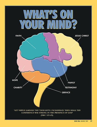 A drawing of a brain portioned into pieces like “Jesus Christ” and “Faith,” paired with the words “What’s on Your Mind?”