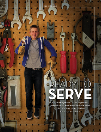 A conceptual photograph of a young man hanging by his arms on a tool board and holding a paintbrush, paired with the words “Ready to Serve.”