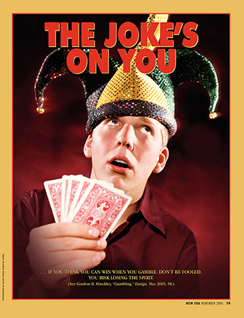 An image of a young man in a joker hat holding playing cards, paired with the words “The Joke’s on You.”
