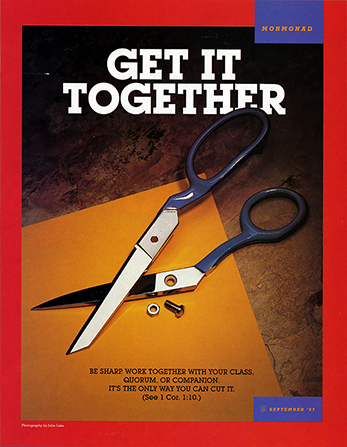 An image of a pair of broken scissors on a table, paired with the words “Get It Together.”