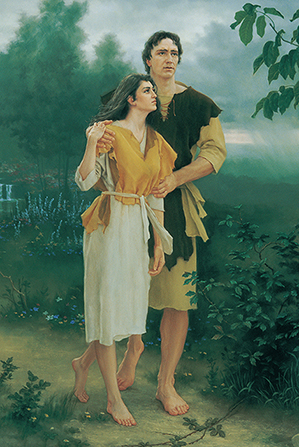 A painting by Joseph Brickey of Adam and Eve walking together down a path bordered by green trees and bushes.