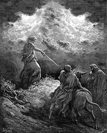 An engraving by Paul Gustave Doré showing an angel pointing a sword toward Balaam.