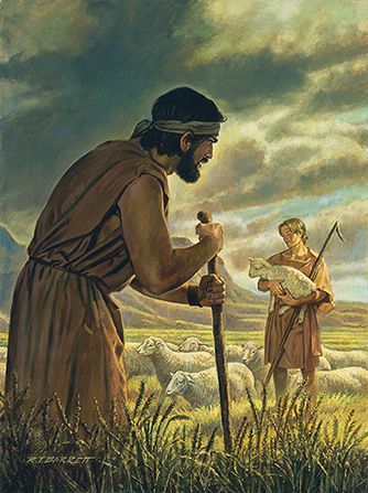 A painting by Robert T. Barrett of Cain leaning on a staff and Abel holding a lamb, with storm clouds gathering overhead.