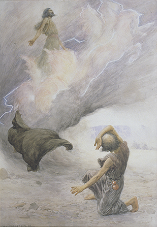 A painting by W. H. Margetson showing Elijah ascending to heaven in a whirlwind, leaving behind his cloak, while Elisha looks on.