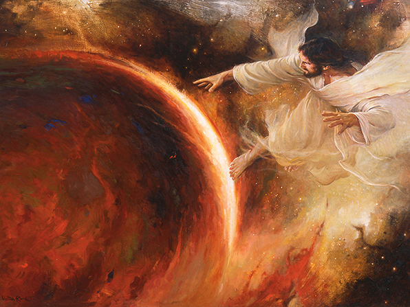 A painting by Walter Rane of Jesus Christ dressed in a white robe with His arms and hands reaching out to the earth.