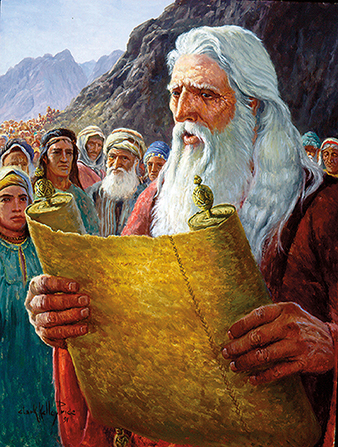 A painting by Clark Kelley Price of Moses reading to a large group of people from a long scroll.