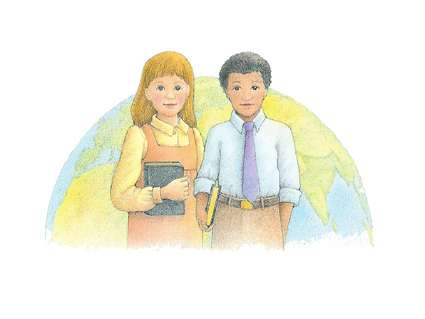 A watercolor illustration of a young boy and a young girl, both holding scriptures, standing in front of an image of planet earth.