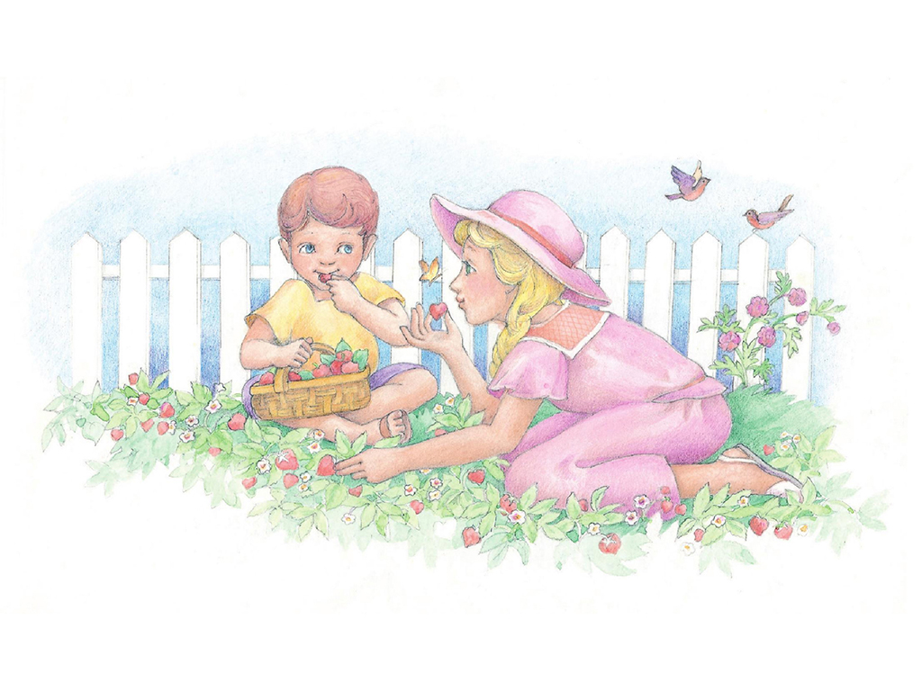 Children Eating Strawberries in a Garden1024 x 768