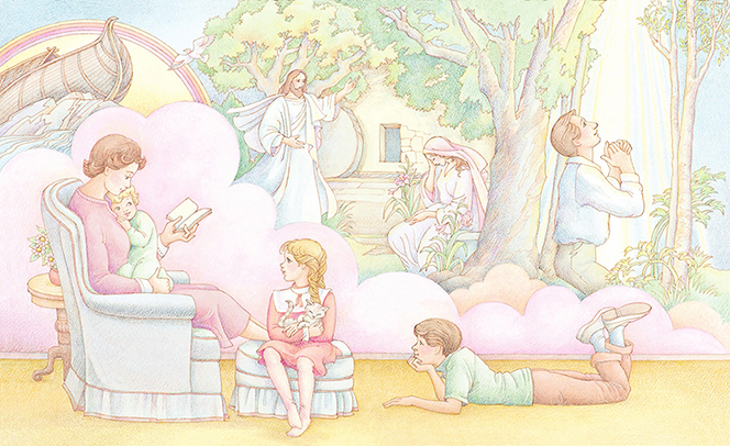 A watercolor illustration of a mother reading to her three children while the children imagine the scripture stories that she is reading to them.