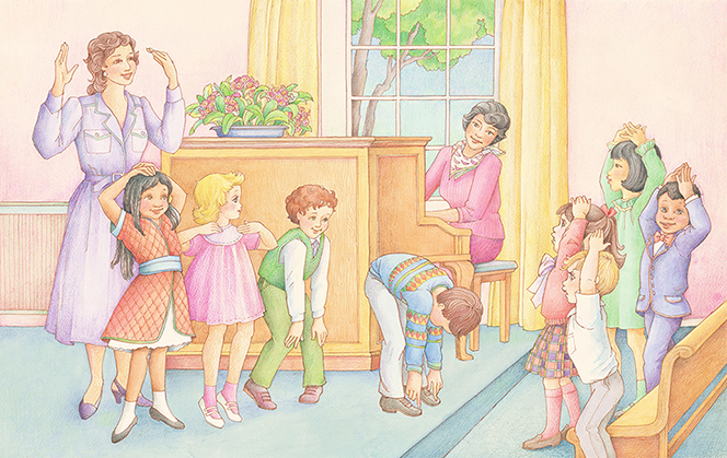 A watercolor illustration of a group of eight Primary children being led in “Head, Shoulders, Knees, and Toes” by their Primary chorister while the pianist plays for them.