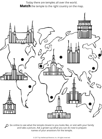 Line drawings of different temples on top of a world map.