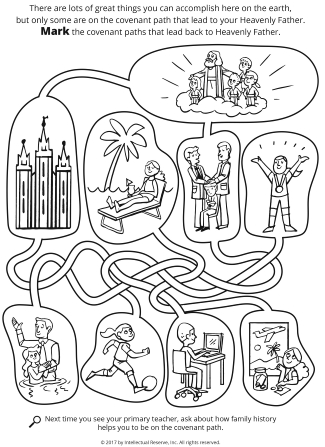 Line drawings of a maze with people doing activities, the Salt Lake Temple, and Heavenly Father at the top with children.