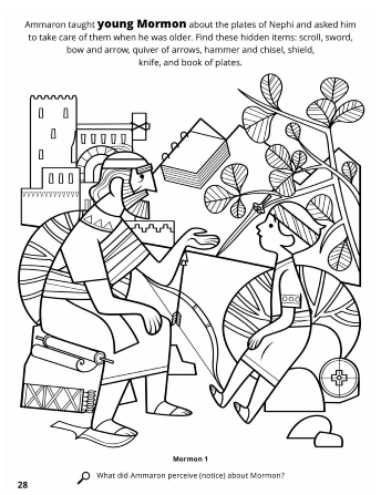 A line drawing of Ammaron teaching young Mormon about the plates.