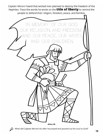 A line drawing of Captain Moroni kneeling with his title of liberty.