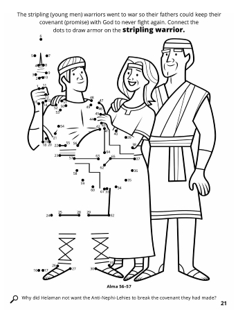 A connect the dot activity of a stripling warrior with his mother and father.