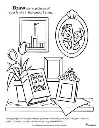 A black-and-white drawing of flowers in a pot, a family Bible, and empty picture frames on a shelf for you to draw in pictures of your family members.