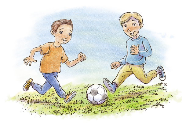 An illustration of a boy in an orange shirt playing a soccer game with another boy in a blue shirt.