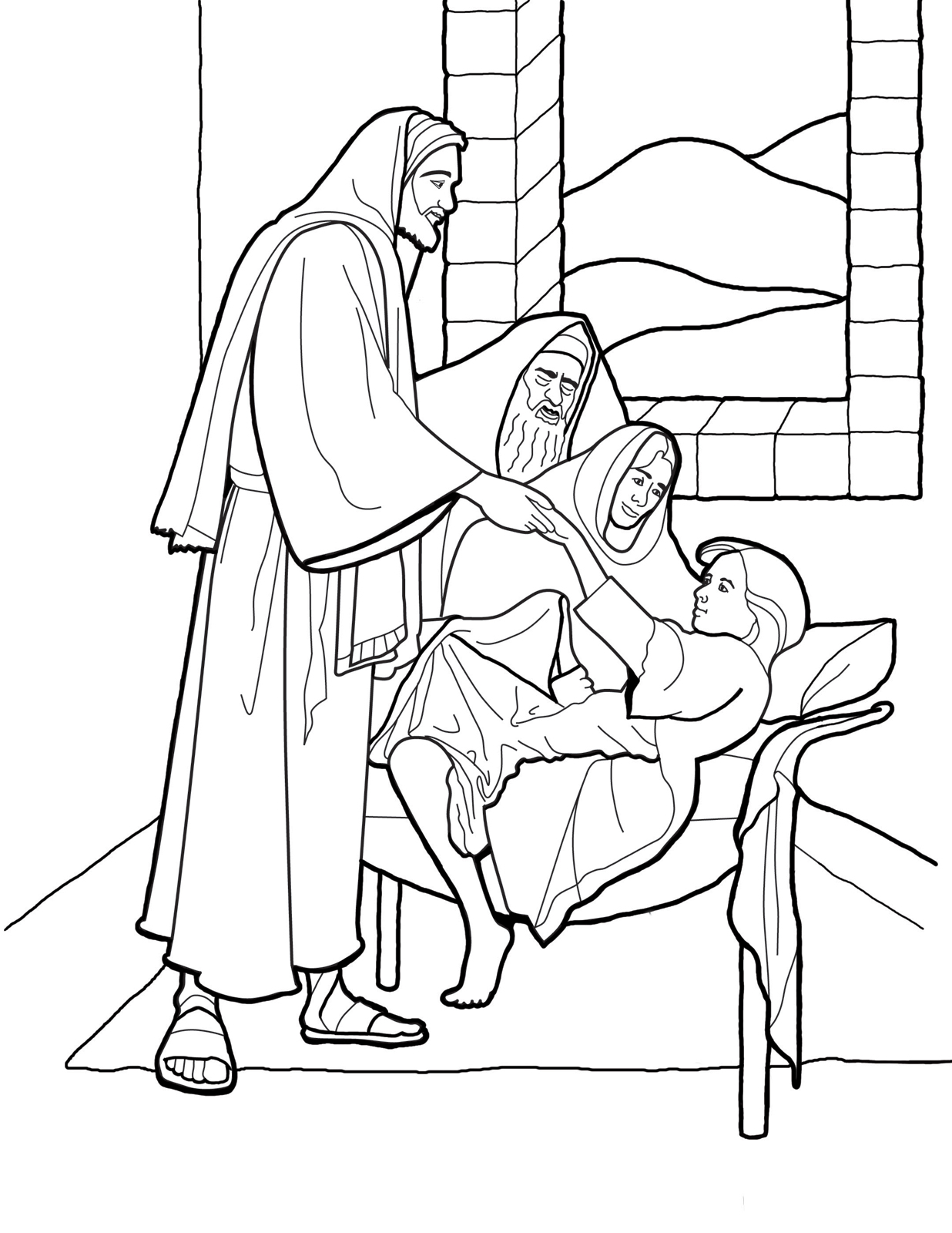 Ausmalbild: Christus weckt die Tochter des Jaïrus von den Toten auf