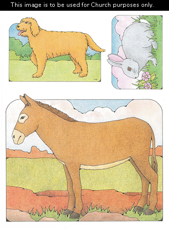 Primary cutouts of an orange dog with an open mouth, a gray rabbit with pink ears, and a light brown donkey, each standing outside.