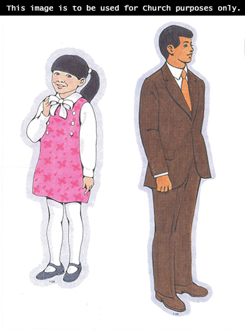 Primary cutouts of a young girl standing in a pink dress, white tights, and black shoes and a missionary-age young man standing in a brown suit and tie.