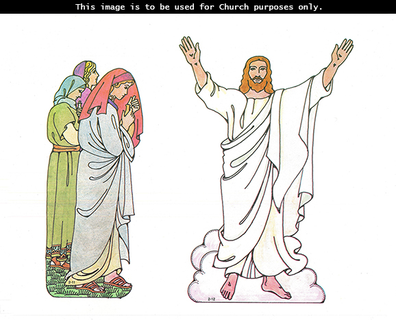 Primary cutouts of three women standing and holding bottles of ointment and Jesus Christ standing resurrected with His arms raised up.