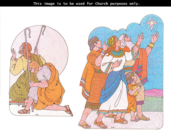 A Primary cutout of two shepherds kneeling with staffs and four Nephites standing while looking up at a large white star.