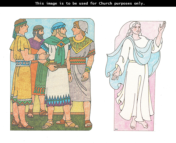 Primary cutouts of the four sons of Mosiah standing and looking at each other and an angel standing with an arm reaching upward.