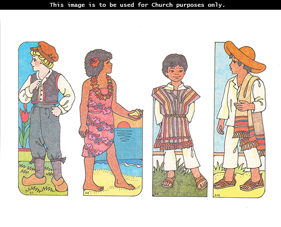 Primary cutouts of a Dutch boy wearing a hat, a Fijian girl holding a shell by the ocean, a Mexican boy standing on grass, and a Mexican boy in a hat.