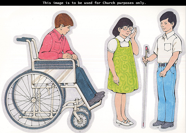 Primary cutouts of a boy with a pink shirt sitting in a wheelchair, a blind boy holding a cane, and a girl in a green dress touching her glasses.