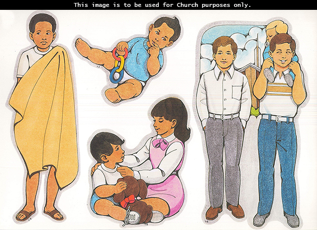 Primary cutouts of an African boy, two older boys with a child at a meetinghouse, a year-old child, and a girl playing with her little brother.