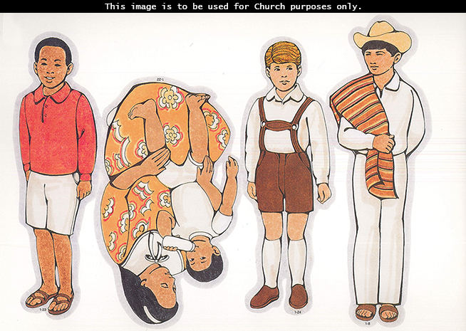 Primary cutouts of a Mexican teenager wearing a hat and serape, a boy from Germany, a mother feeding her child with a bottle, and a boy in a red shirt.