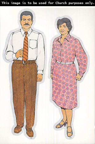 Primary cutouts of a father standing in a white shirt, an orange tie, and brown pants and a mother with short black hair standing in a pink dress.