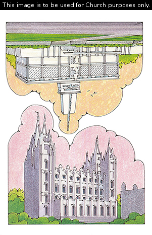 Two Primary cutouts of the Salt Lake Temple surrounded by green bushes and the Mexico City Mexico Temple with birds flying in the sky.