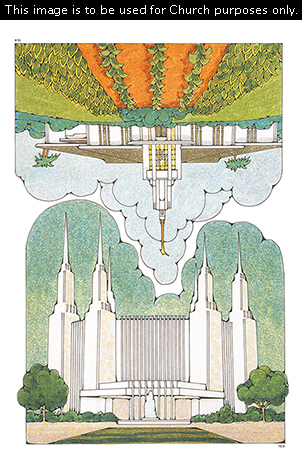 Two Primary cutouts of the Washington D.C. Temple with a clear blue sky and the Apia Samoa Temple with a green and orange landscape.