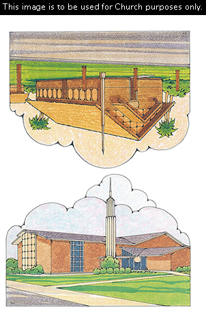 Two Primary cutouts of a large meetinghouse with a steeple and a small wooden meetinghouse.