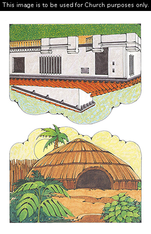 Two Primary cutouts of a brown subtropical or tropical home and a white Spanish-style home with an orange roof.