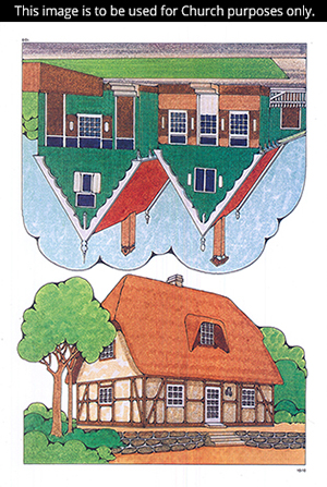Two Primary cutouts showing different homes, a green and red wooden home and one with a thatched roof.