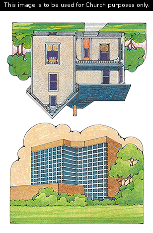 Two Primary cutouts of a turn-of-the-century home with a green lawn and a tall blue apartment building with trees on the side.