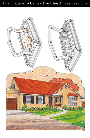 Primary cutouts of a rambler-style home with a long driveway, a metal sacrament tray with broken bread, and a metal sacrament tray with water cups.