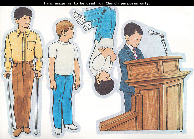 Primary cutouts of a boy holding crutches, a boy kneeling in prayer, a boy with Down syndrome, and a boy praying at a microphone at church.
