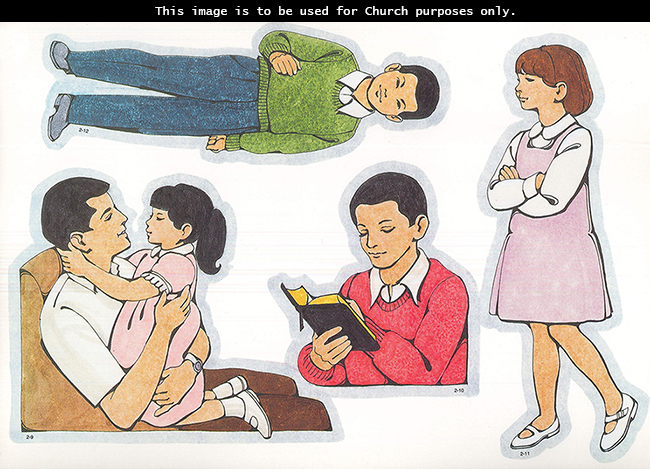 Primary cutouts of a girl hugging her father, a boy reading scriptures, a girl walking reverently with folded arms, and an Asian Primary boy.