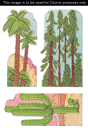 Primary cutouts of two palm trees, tall pine trees, and a cactus in the desert.